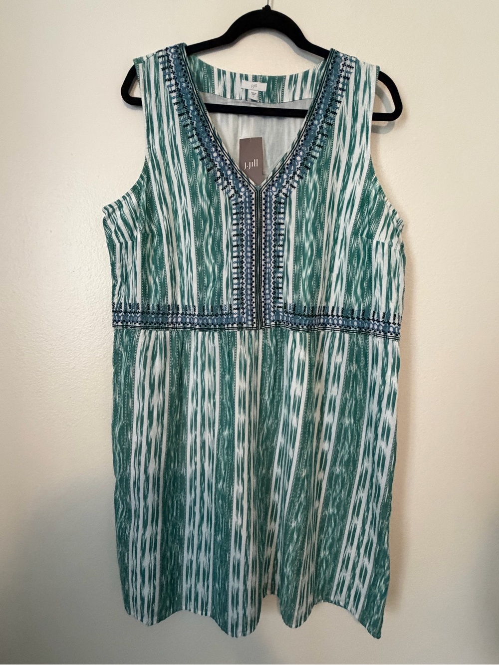 NWT J JILL Dress Embroidered Ikat Green Blue Cotton V Neck Pockets Lined Sz Lg